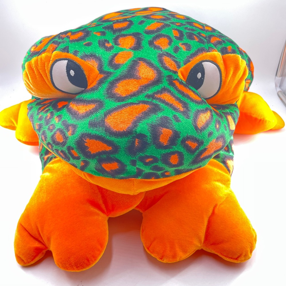 Toy Factory Spotted Frog Plush XL Neon Green Orange Stuffed Toy Floor Pillow 23"
